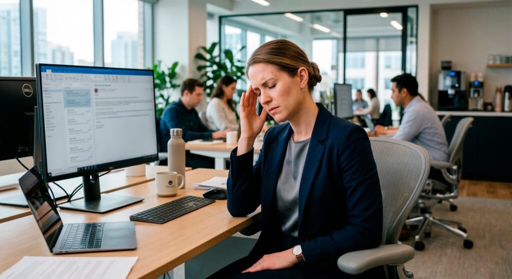 Mujer con dolor de cabeza en el trabajo