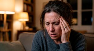 Mujer con una cefalea severa en el sofá