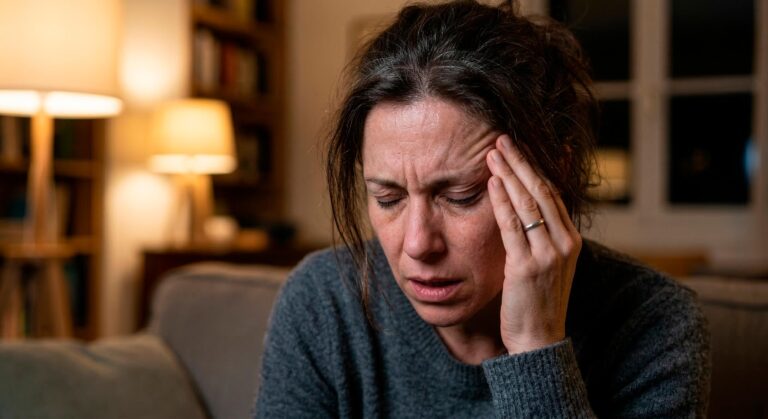 Mujer con una cefalea severa en el sofá