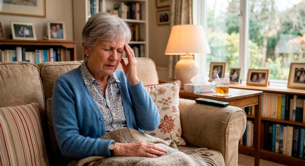 Mujer mayor con dolor de cabeza en el sofa