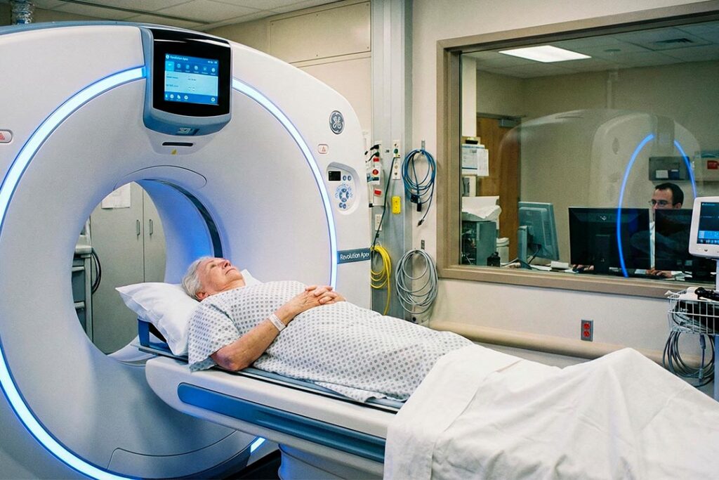 Mujer mayor pasando por un TAC