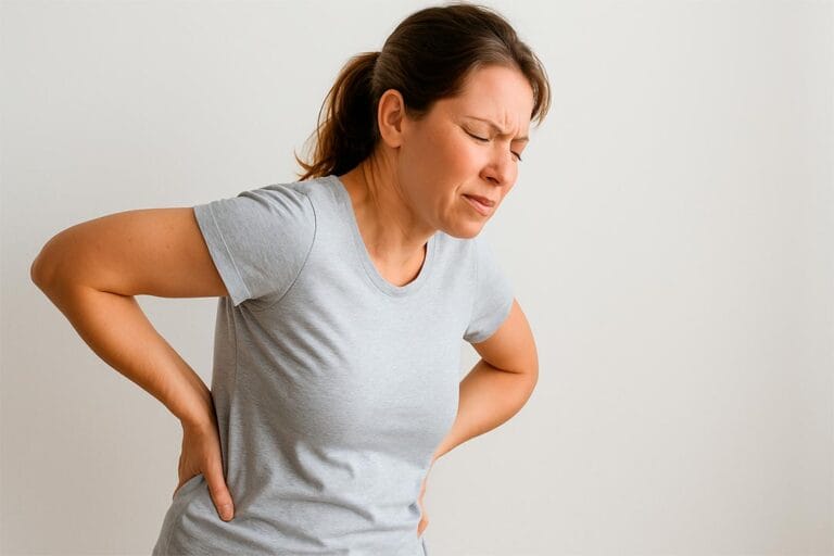 Mujer muestra dolor lumbar, una de las lesiones de espalda más comunes