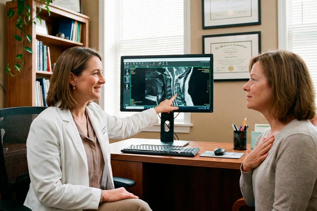 Neurocirujana explicando foraminotomia a un paciente