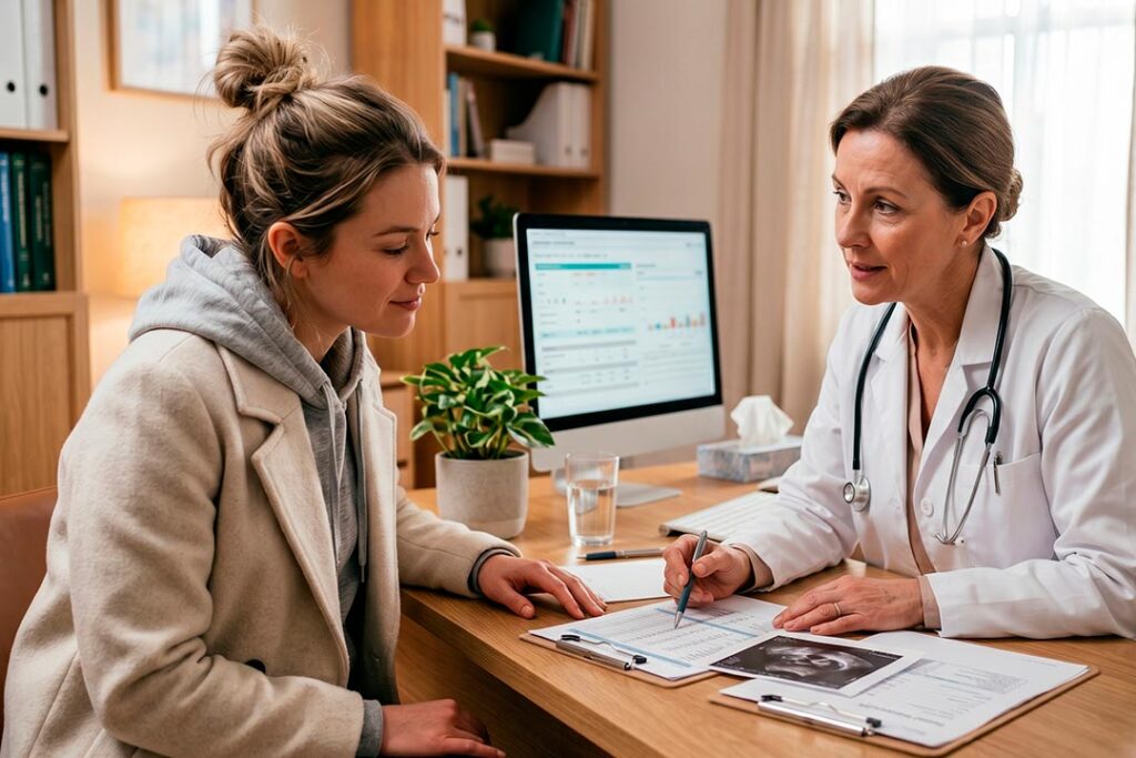 doctora mostrando el diagnostico de la enfermedad de Crohn