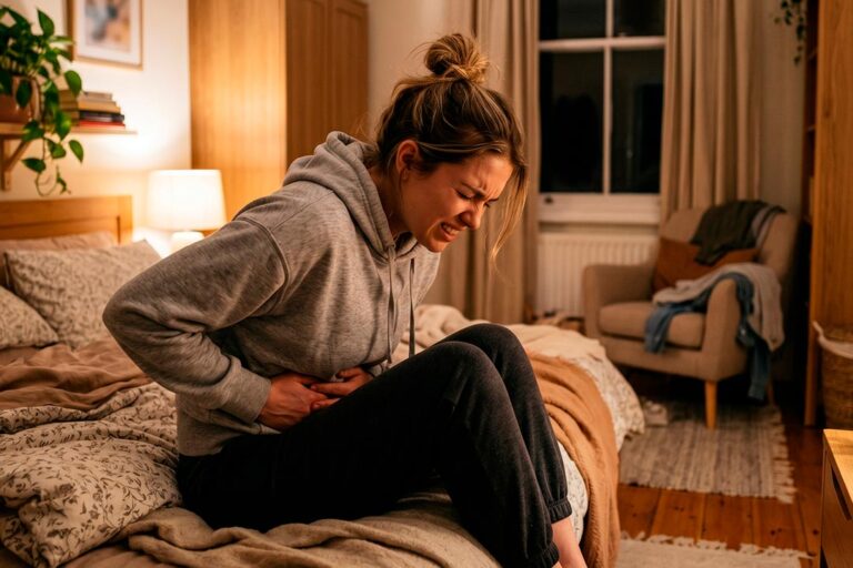 mujer con dolor de estomago por la enfermedad de Crohn